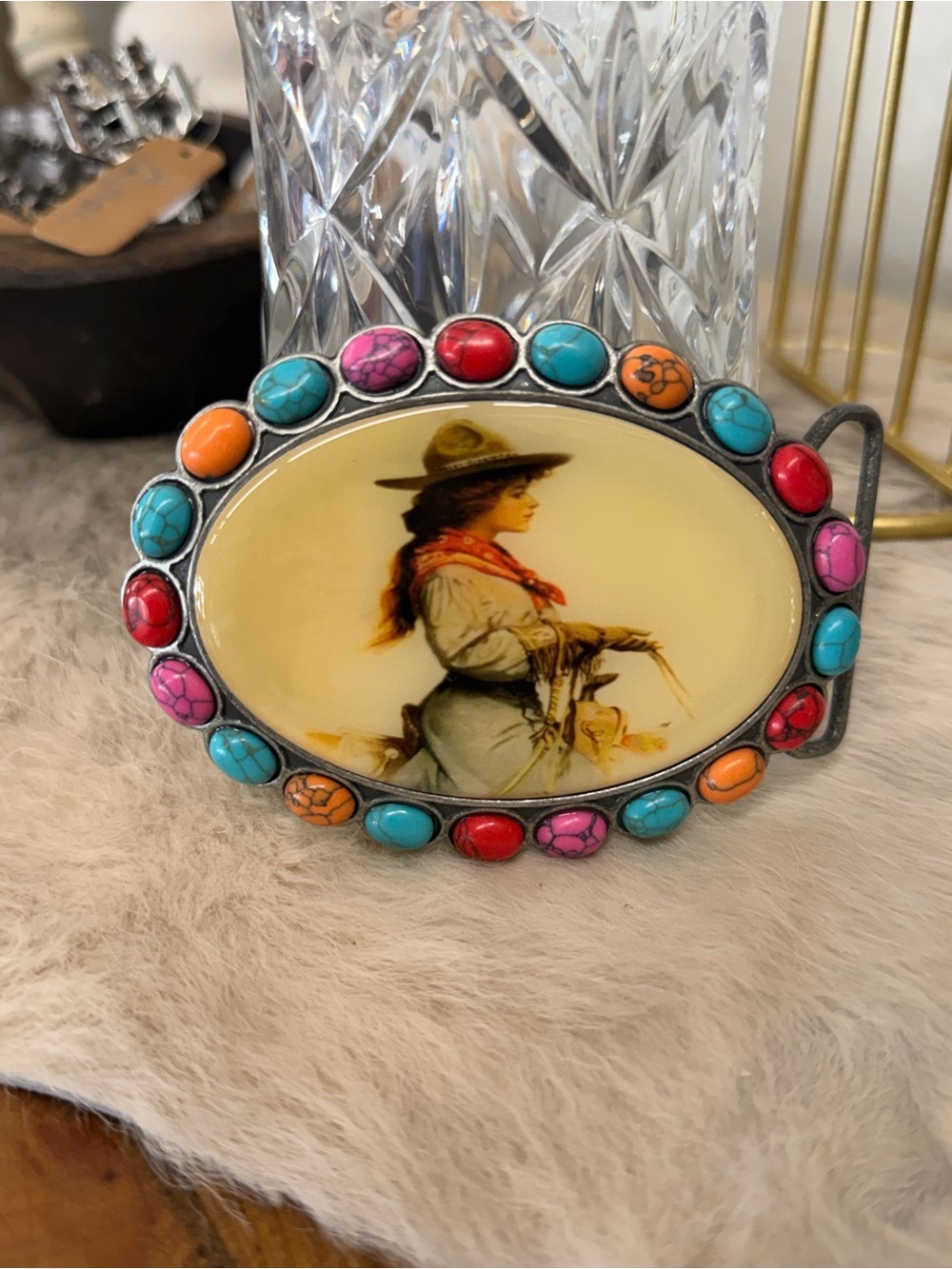 Vintage-Inspired Turquoise, Red & Orange Decorative Belt Buckle - Unknown Brand